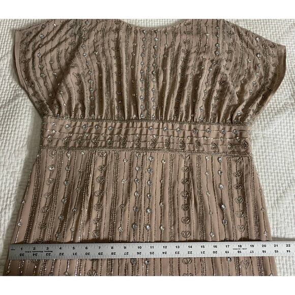 NWT Mac Duggal Dress 14 Beaded Rhinestone Column Mocha Tan Embellished Midi Glam - Picture 14 of 16